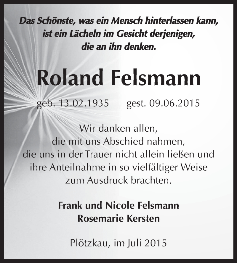  Traueranzeige für Roland Felsmann vom 25.07.2015 aus Super Sonntag Bernburg