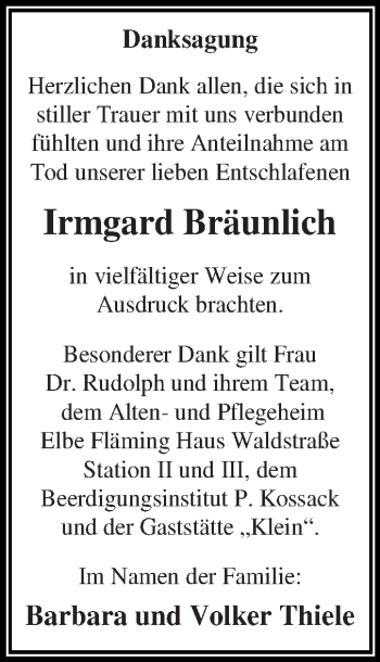 Traueranzeige von Irmgard Bräunlich von WVG - Wochenspiegel Dessau / Köthen