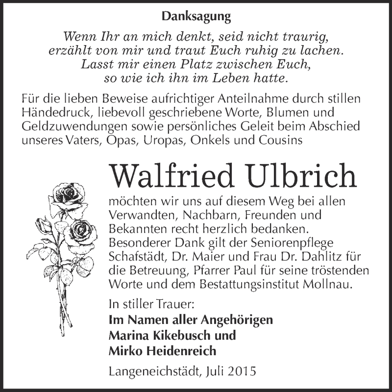  Traueranzeige für Walfried Ulbrich vom 25.07.2015 aus WVG - Wochenspiegel Merseburg
