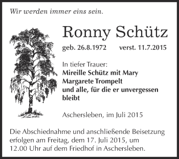 Traueranzeige von Ronny Schütz von Super Sonntag Aschersleben
