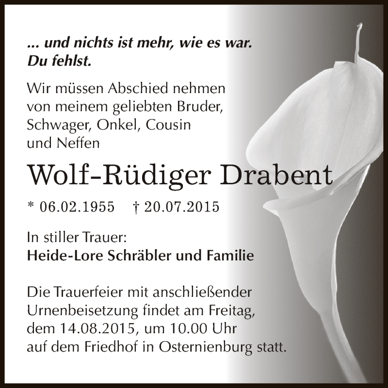  Traueranzeige für Wolf-Rüdiger Drabent vom 25.07.2015 aus WVG - Wochenspiegel Dessau / Köthen