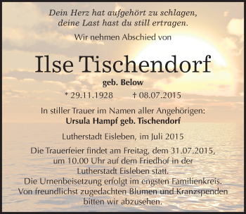 Traueranzeige von Ilse Tischendorf von Mitteldeutsche Zeitung Mansfelder Land