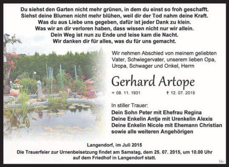  Traueranzeige für Gerhard Artope vom 22.07.2015 aus WVG - Wochenspiegel NMB / WSF / ZTZ