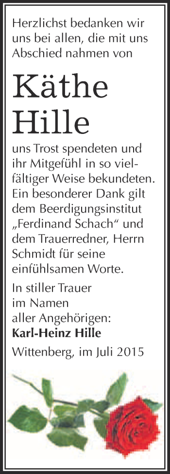 Traueranzeige von Käthe Hille von Super Sonntag Wittenberg