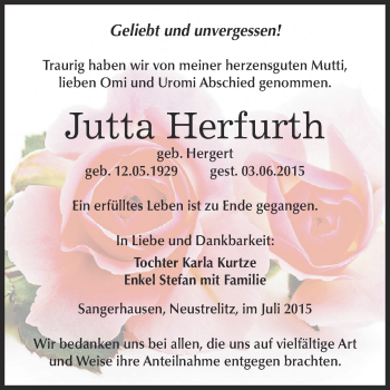 Traueranzeige von Jutta Herfurth von Super Sonntag SGH Mansf. Land