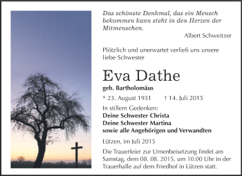 Traueranzeige von Eva Dathe von Super Sonntag Merseburg