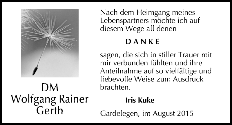  Traueranzeige für Wolfgang Rainer Gerth vom 29.07.2015 aus Mitteldeutsche Zeitung Halle/Saalkreis