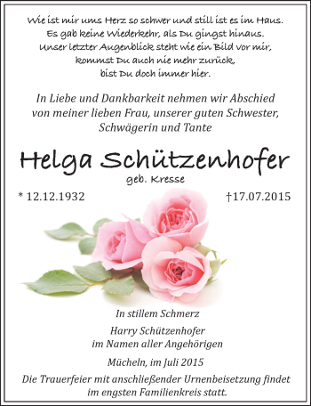 Traueranzeige von Helga Schützenhofer von Mitteldeutsche Zeitung Merseburg/Querfurt