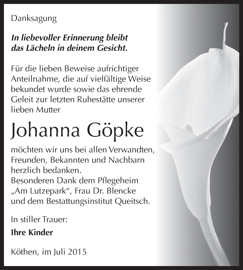  Traueranzeige für Johanna Göpke vom 25.07.2015 aus WVG - Wochenspiegel Dessau / Köthen