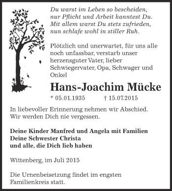 Traueranzeige von Hans-Joachim Mücke von Super Sonntag Wittenberg