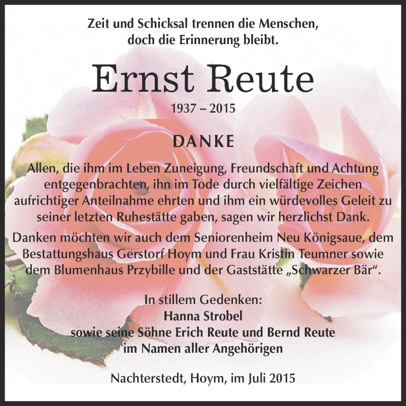  Traueranzeige für Ernst Reute vom 25.07.2015 aus Super Sonntag Aschersleben