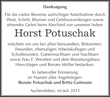 Traueranzeige von Horst Potuschak von Super Sonntag Aschersleben
