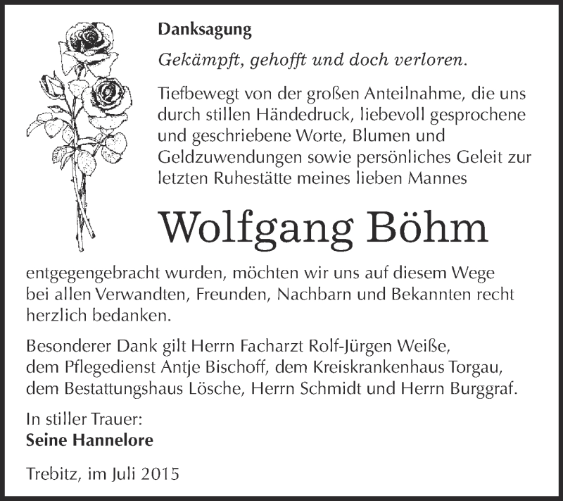  Traueranzeige für Wolfgang Böhm vom 25.07.2015 aus WVG - Wochenspiegel Wittenberg