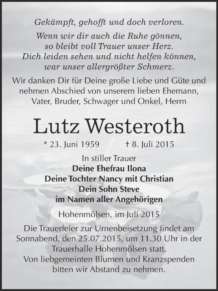  Traueranzeige für Lutz Westeroth vom 15.07.2015 aus WVG - Wochenspiegel NMB / WSF / ZTZ