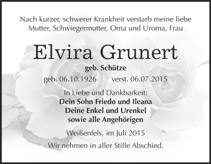  Traueranzeige für Elvira Grunert vom 22.07.2015 aus WVG - Wochenspiegel NMB / WSF / ZTZ