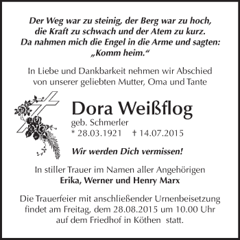 Traueranzeige von Dora Weißflog von WVG - Wochenspiegel Dessau / Köthen