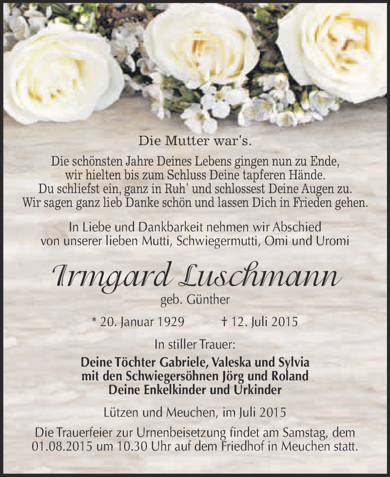  Traueranzeige für Irmgard Luschmann vom 22.07.2015 aus Super Sonntag Merseburg