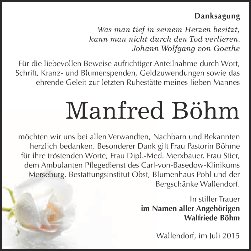  Traueranzeige für Manfred Böhm vom 29.07.2015 aus WVG - Wochenspiegel Merseburg
