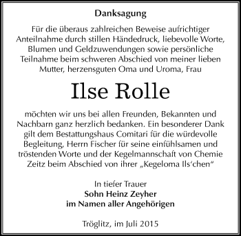 Traueranzeige von Ilse Rolle von Mitteldeutsche Zeitung Zeitz
