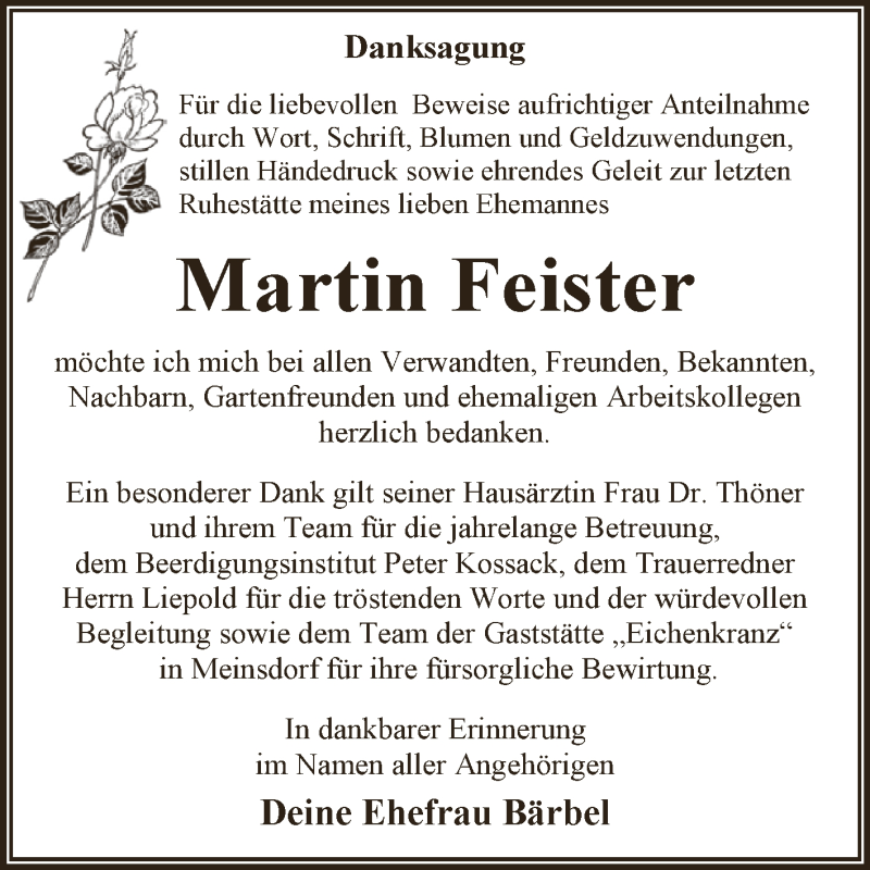  Traueranzeige für Martin Feister vom 25.07.2015 aus WVG - Wochenspiegel Dessau / Köthen