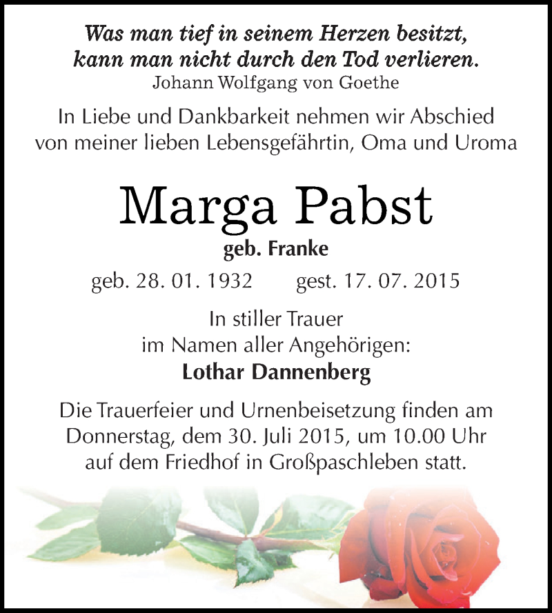  Traueranzeige für Marga Pabst vom 25.07.2015 aus WVG - Wochenspiegel Dessau / Köthen