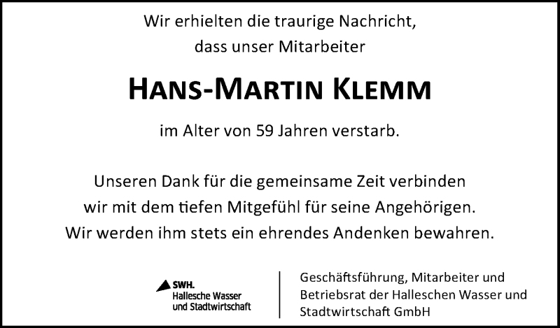  Traueranzeige für Hans-Martin Klemm vom 31.07.2015 aus Mitteldeutsche Zeitung Halle/Saalkreis