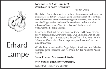 Traueranzeige von Erhard Lampe von Wochenspiegel Mansfelder Land