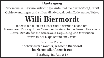 Traueranzeige von Willi Biermordt von Super Sonntag Bernburg