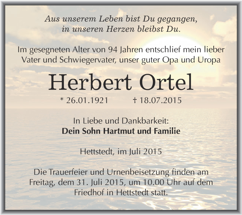  Traueranzeige für Herbert Ortel vom 25.07.2015 aus Super Sonntag SGH Mansf. Land