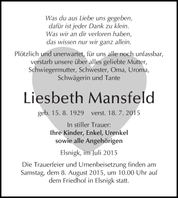 Traueranzeige von Liesbeth Mansfeld von WVG - Wochenspiegel Dessau / Köthen