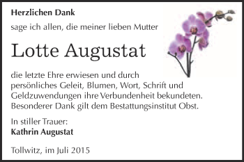 Traueranzeige von Lotte Augustat von Super Sonntag Merseburg