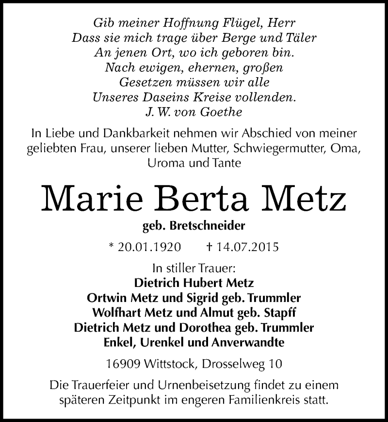  Traueranzeige für Marie Berta Metz vom 25.07.2015 aus Mitteldeutsche Zeitung Naumburg/Nebra