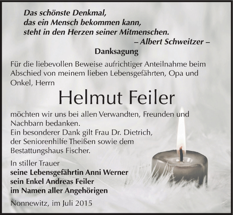  Traueranzeige für Helmut Feiler vom 25.07.2015 aus Mitteldeutsche Zeitung Zeitz
