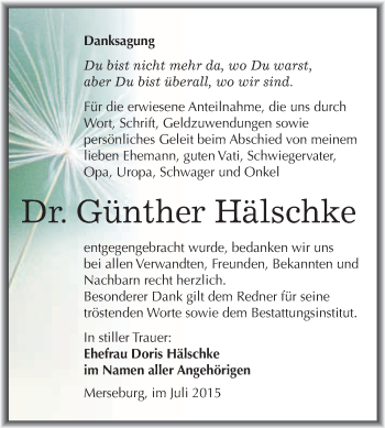 Traueranzeige von Günther Hälschke von WVG - Wochenspiegel Merseburg