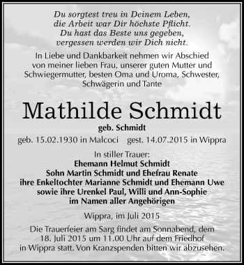 Traueranzeige von Mathilde Schmidt von Mitteldeutsche Zeitung