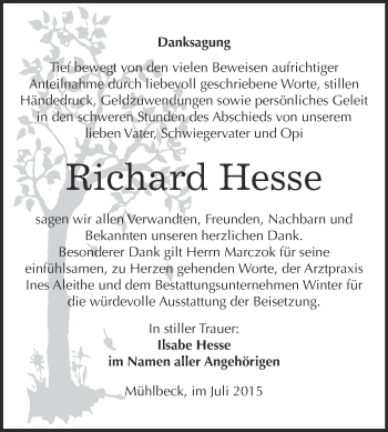 Traueranzeige von Richard Hesse von WVG - Wochenspiegel Bitterfeld