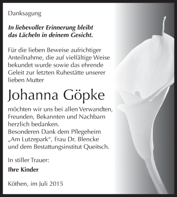 Traueranzeige von Johanna Göpke von WVG - Wochenspiegel Dessau / Köthen