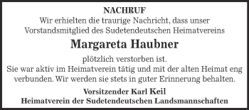 Traueranzeige von Margareta Haubner von WVG - Wochenspiegel Aschersleben