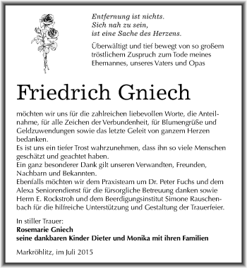 Traueranzeige von Friedrich Gniech von Mitteldeutsche Zeitung Weißenfels