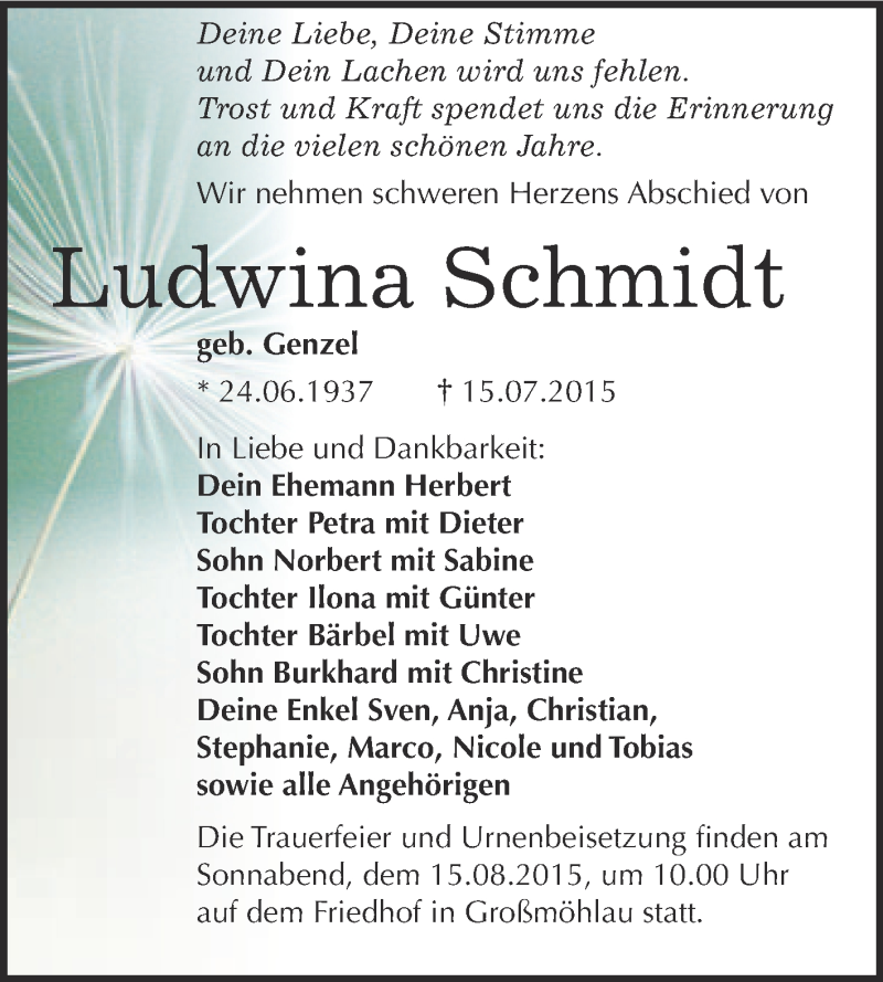  Traueranzeige für Ludwina Schmidt vom 25.07.2015 aus WVG - Wochenspiegel Wittenberg