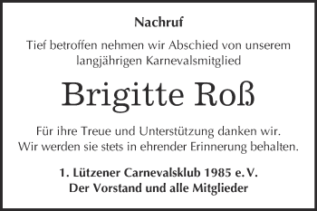 Traueranzeige von Brigitte Roß von WVG - Wochenspiegel NMB / WSF / ZTZ