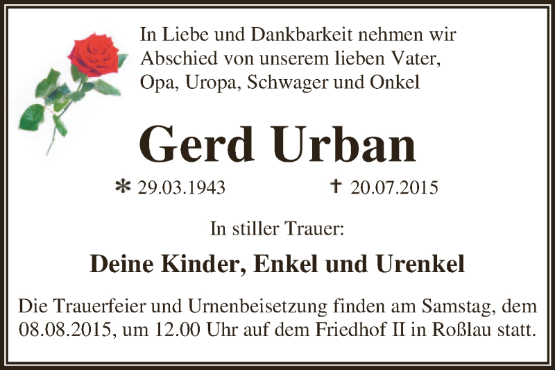  Traueranzeige für Gerd Urban vom 25.07.2015 aus WVG - Wochenspiegel Dessau / Köthen