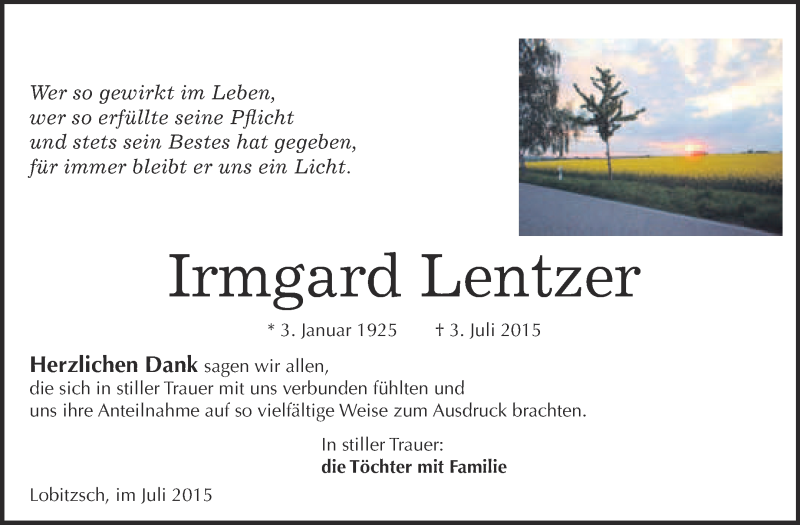  Traueranzeige für Irmgard Lentzer vom 22.07.2015 aus WVG - Wochenspiegel NMB / WSF / ZTZ