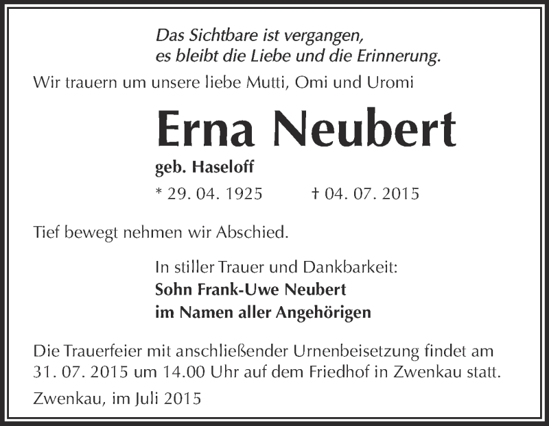  Traueranzeige für Erna Neubert vom 25.07.2015 aus Super Sonntag Wittenberg