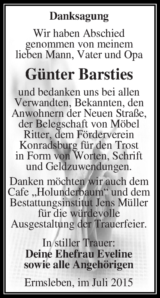  Traueranzeige für Günter Barsties vom 22.07.2015 aus Super Sonntag Aschersleben