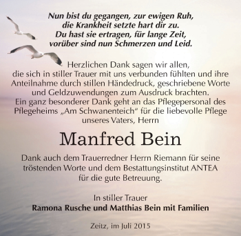 Traueranzeige von Manfred Bein von Mitteldeutsche Zeitung Zeitz