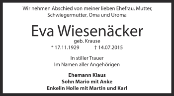 Traueranzeige von Eva Wiesenäcker von WVG - Wochenspiegel Dessau / Köthen