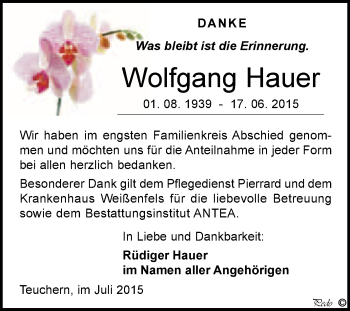 Traueranzeige von Wolfgang Hauer von WVG - Wochenspiegel NMB / WSF / ZTZ