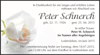 Traueranzeige von Peter Schnerch von WVG - Wochenspiegel Merseburg
