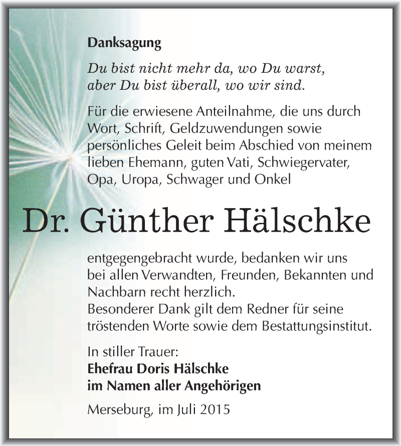  Traueranzeige für Günther Hälschke vom 25.07.2015 aus WVG - Wochenspiegel Merseburg